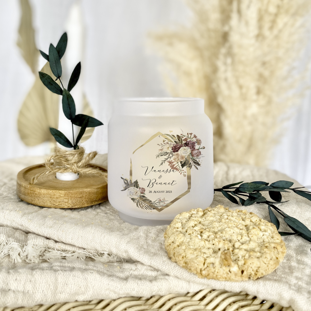 Geschenkglas zur Hochzeit personalisiert mit den Namen des Paares, Geschenkset mit Kerze und Trockenblume
