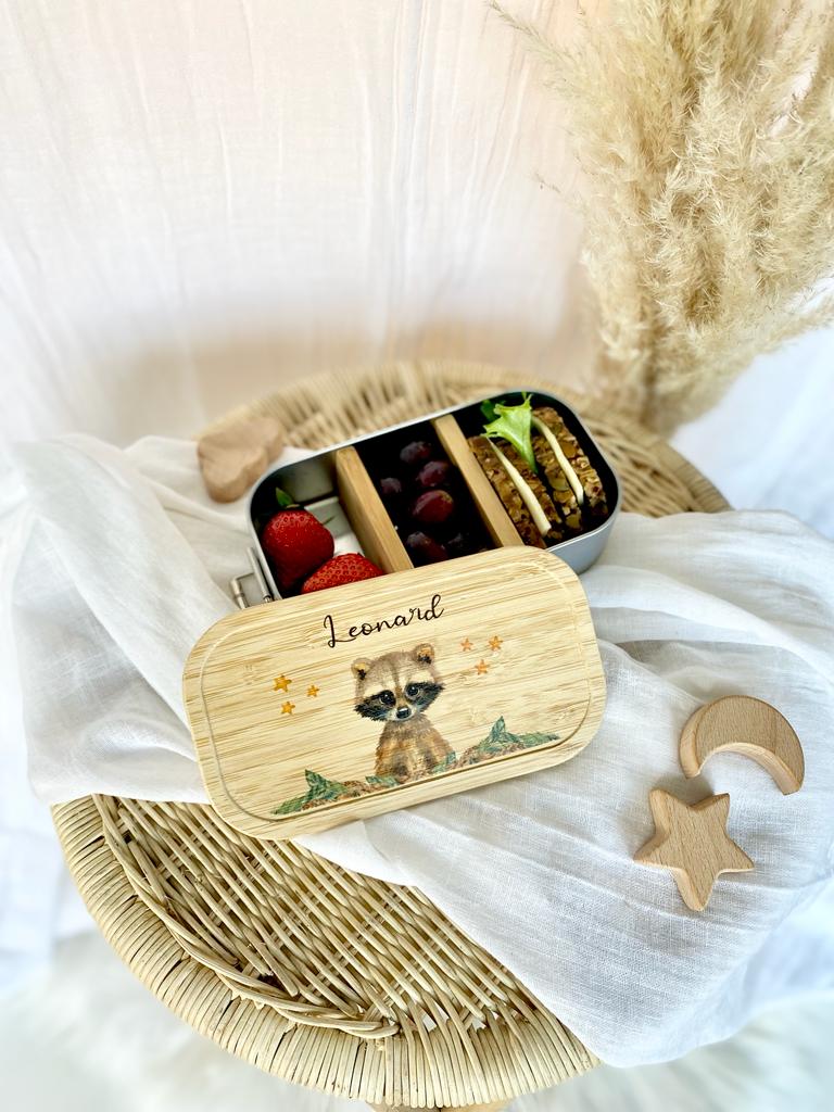 Brotdose Waschbär mit Namen für Kinder | Lunchbox mit Tiermotiv für Jungen und Mädchen | Kindergarten und Schule | Personalisiertes Geburtstagsgeschenk