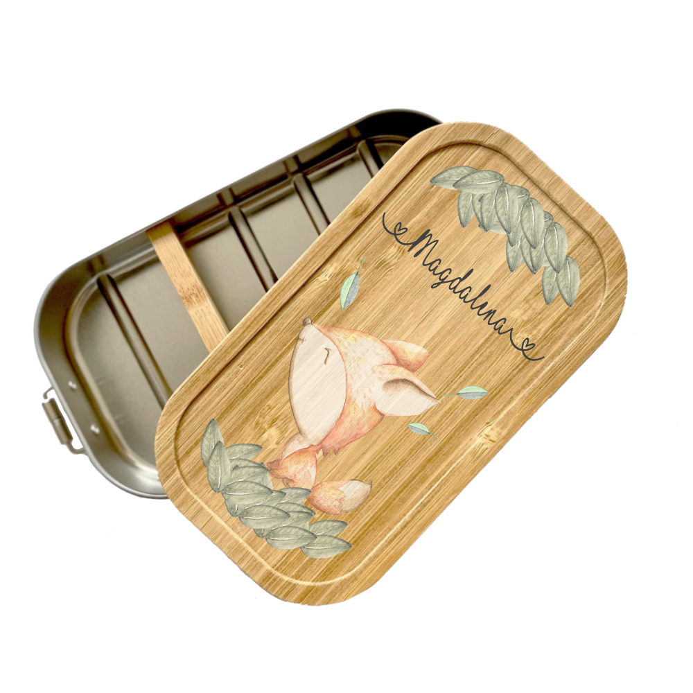 Trinkflasche mit Fuchs u. Namen für Kinder | Personalisiertes Geschenk für Mädchen u. Jungen | 500 ml Isolierflasche aus Edelstahl mit Bambusdeckel | Als Set verfügbar mit Brotdose