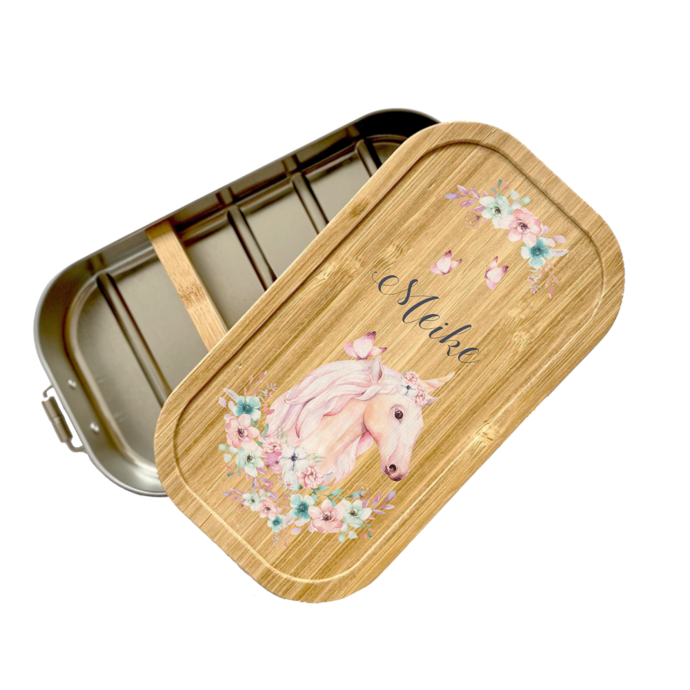 Brotdose "Einhorn" mit Bambusdeckel und Namen für Mädchen und Jungen | wählbar in Edelstahl | Lunchbox mit Einhornmotiv | Personalisierte Geschenkidee für Kinder
