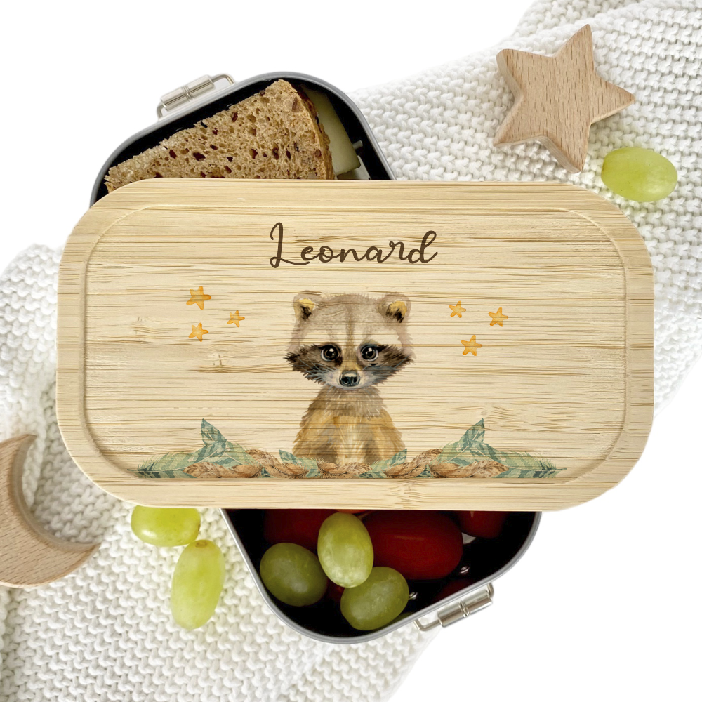 Brotdose Waschbär mit Namen für Kinder | Lunchbox mit Tiermotiv für Jungen und Mädchen | Kindergarten und Schule | Personalisiertes Geburtstagsgeschenk