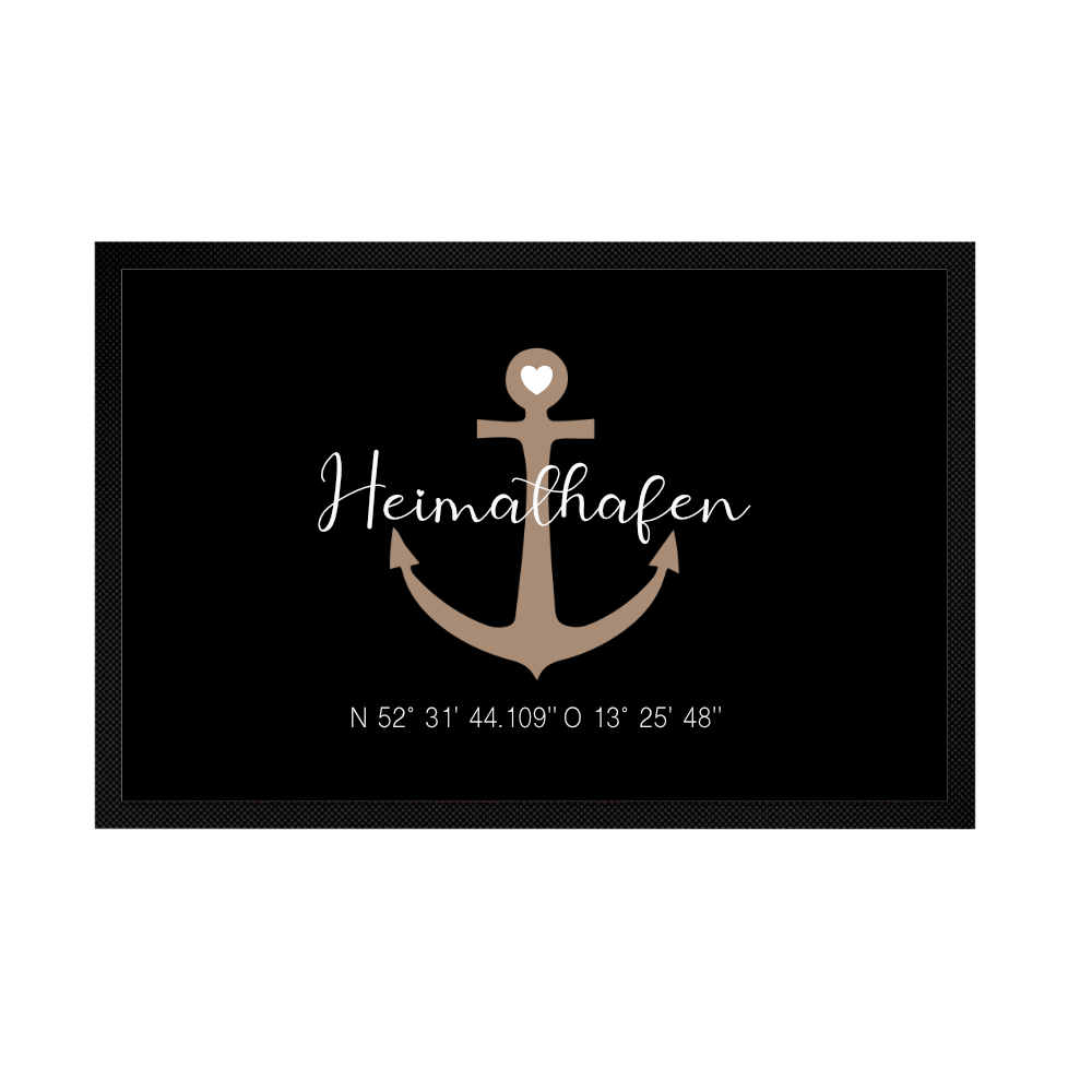 Personalisierte Fußmatte Heimathafen mit Koordinaten u. Anker | Optional als Set mit Türschild erhältlich