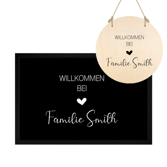 Fußmatte personalisiert mit dem Namen der Familie | Optional als Set mit Türschild erhältlich