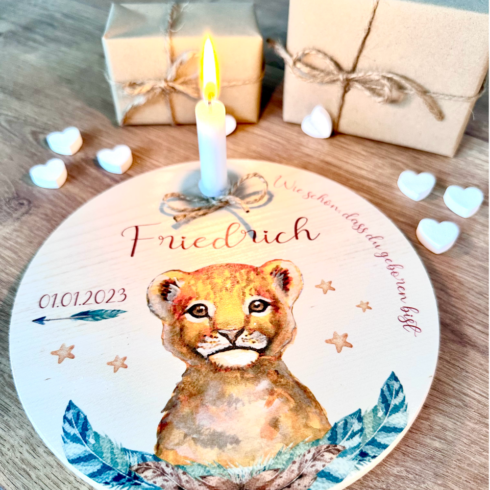 Geburtstagsteller "Löwe" für Kinder | Personalisierter Kerzenteller aus Holz für Mädchen und Jungen + Kerze | Geschenkidee zur Geburt, Taufe, Kindergeburtstag | weitere Motive zur Auswahl