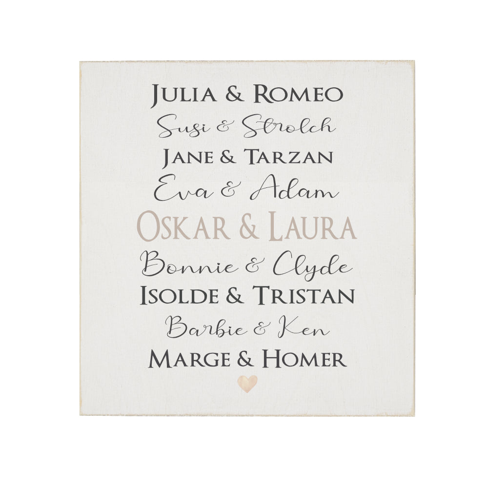 Originelles Geschenk für verliebte Paare | Holzbild gestaltet mit den Namen des Paares | Personalisierte Geschenkidee zum Jahrestag u. Valentinstag