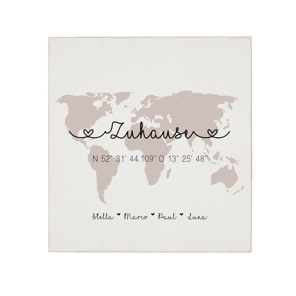 Holzbild "Weltkarte" für Paare u. Familien mit Namen u. Koordinaten | Stilvolles Geschenk für Verliebte, Ehepaare und Paare als Hochzeitsgeschenk, zum Valentinstag und zum Richtfest