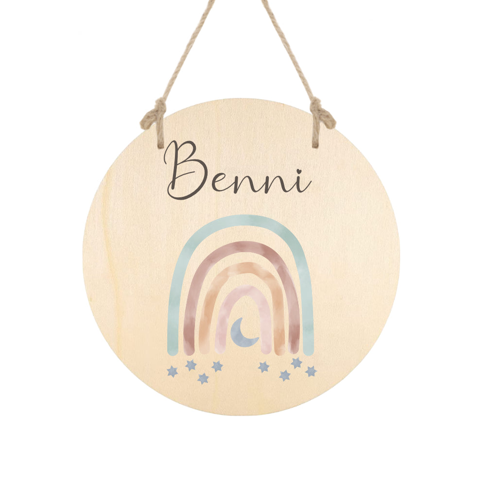 Namensschild "Regenbogen" für das Baby- und Kinderzimmer in Rund | Personalisiertes Geschenk aus Holz mit Namen des Babys u. Kindes | Besondere Geschenkidee zur Geburt und Taufe | Türschild in 6 Motivvarianten für Mädchen und Jungen
