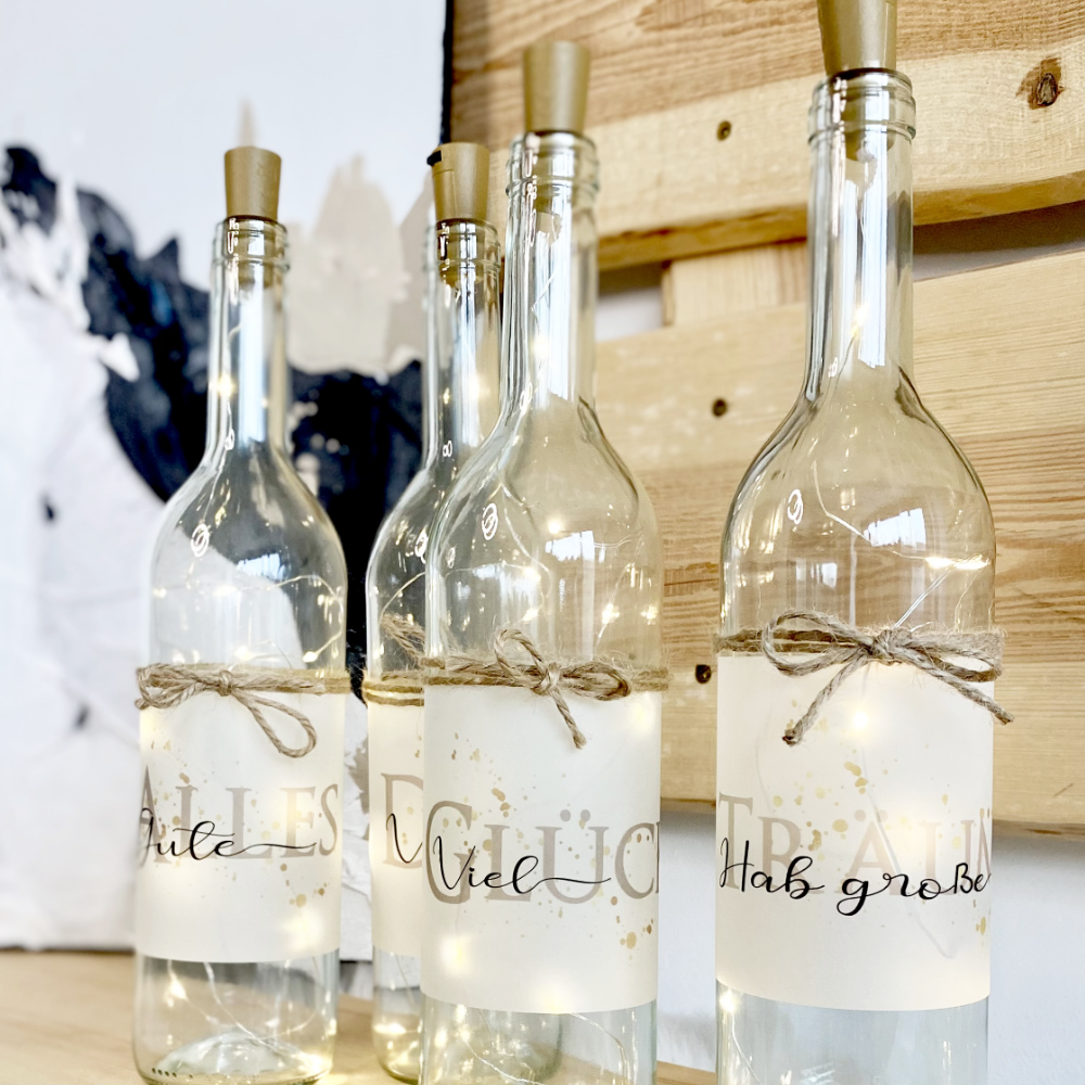 Flaschenlicht "Alles Gute" | Schönes Geschenk zum Geburtstag, zur Jugendweihe u. zur Konfirmation | 6 Motivvarianten zur Auswahl