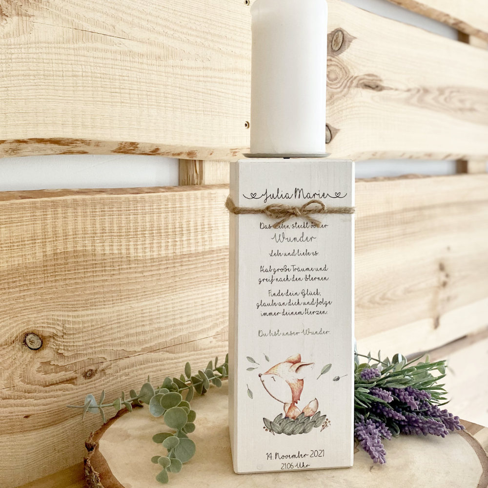 Kerzenständer zur Geburt u. Taufe aus Holz | Besonderes Babygeschenk | Personalisiert mit Namen u. Datum | Holzgeschenk für Mädchen u. Jungen mit Motiv Fuchs