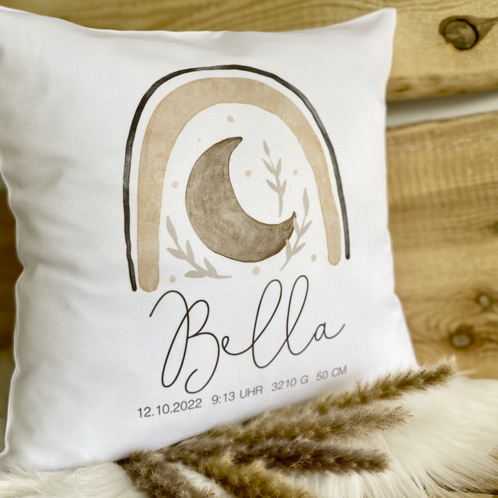 Personalisiertes Kissen mit Boho Regenbogen | Geschenk mit Namen für Mädchen und Jungen | Kissen mit Geburtsdaten für Neugeborene