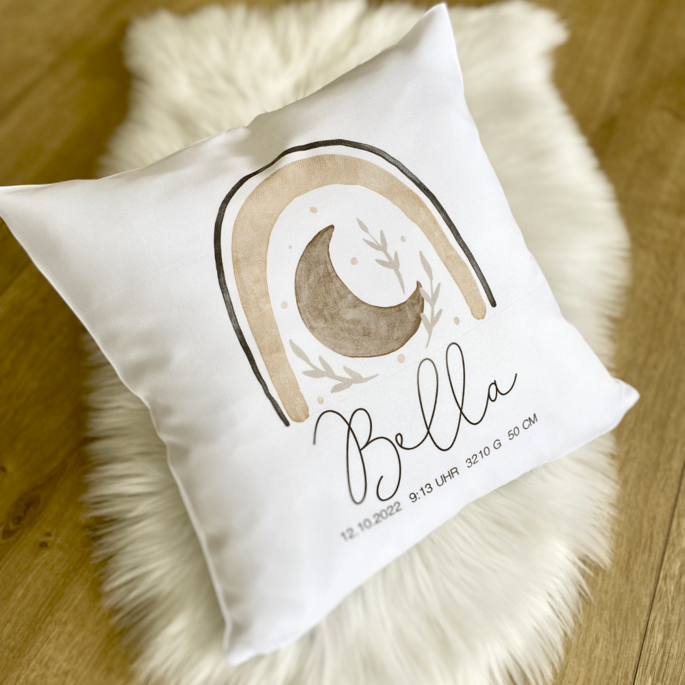Personalisiertes Kissen mit Boho Regenbogen | Geschenk mit Namen für Mädchen und Jungen | Kissen mit Geburtsdaten für Neugeborene