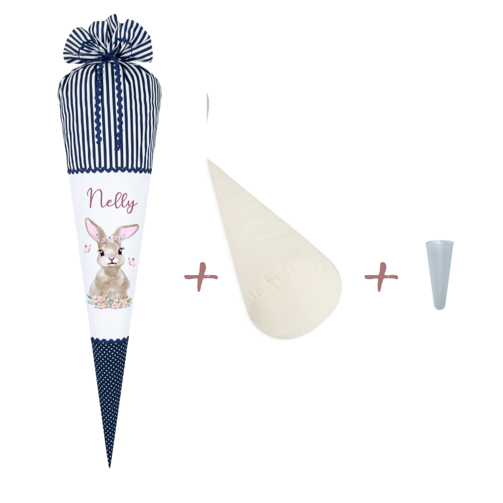 Schultüte "Hase" aus Stoff | Personalisiert mit Namen für Mädchen | Optional mit grauem, blauem, geblümten Stoff | mit Füllkissen & Spitzenschutz | Brotdosen & Trinkflaschen Set