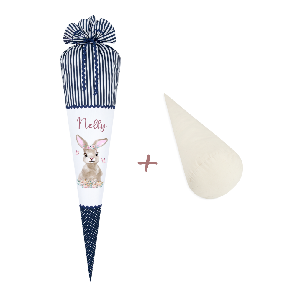 Schultüte "Hase" aus Stoff | Personalisiert mit Namen für Mädchen | Optional mit grauem, blauem, geblümten Stoff | mit Füllkissen & Spitzenschutz | Brotdosen & Trinkflaschen Set