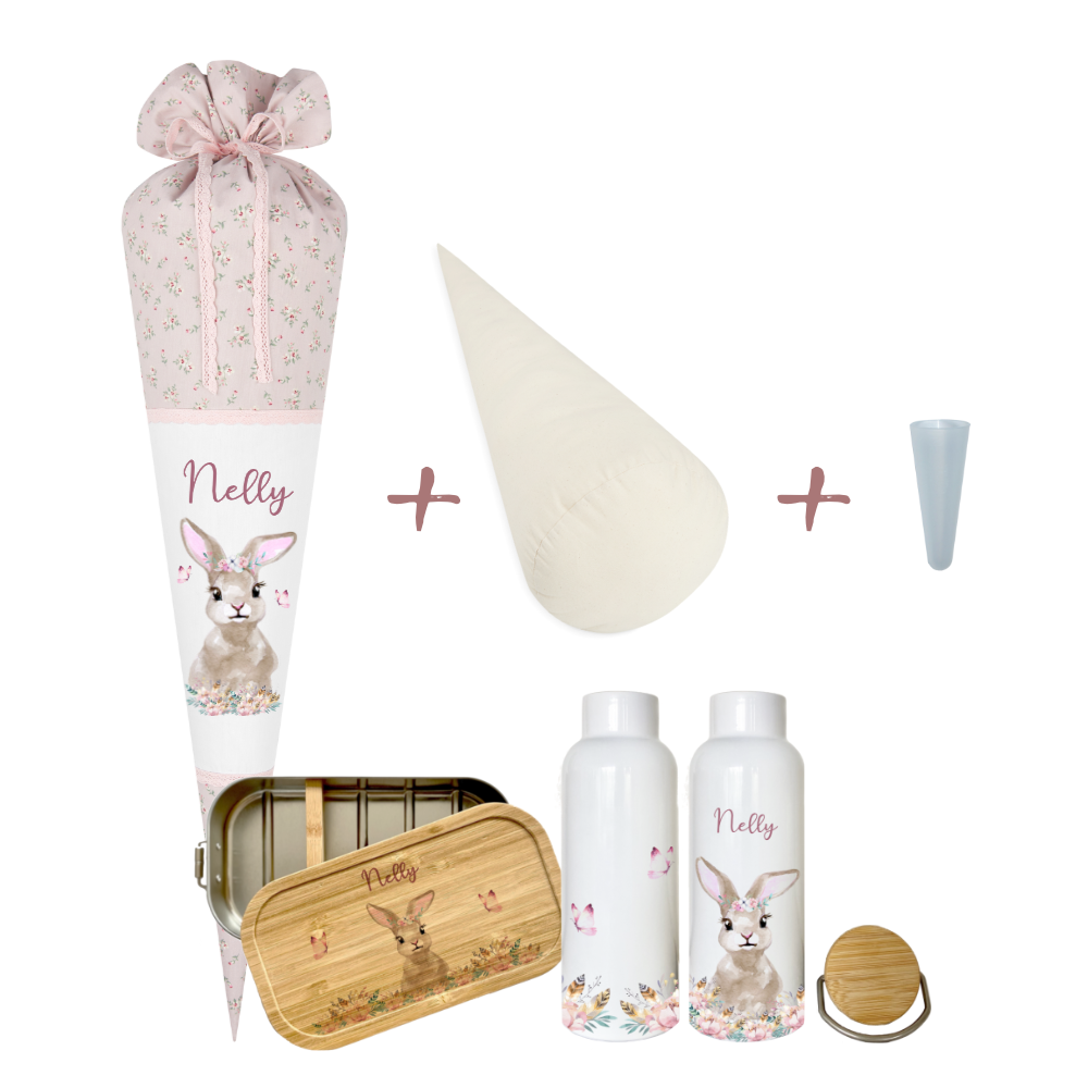 Schultüte "Hase" aus Stoff | Personalisiert mit Namen für Mädchen | Optional mit grauem, blauem, geblümten Stoff | mit Füllkissen & Spitzenschutz | Brotdosen & Trinkflaschen Set