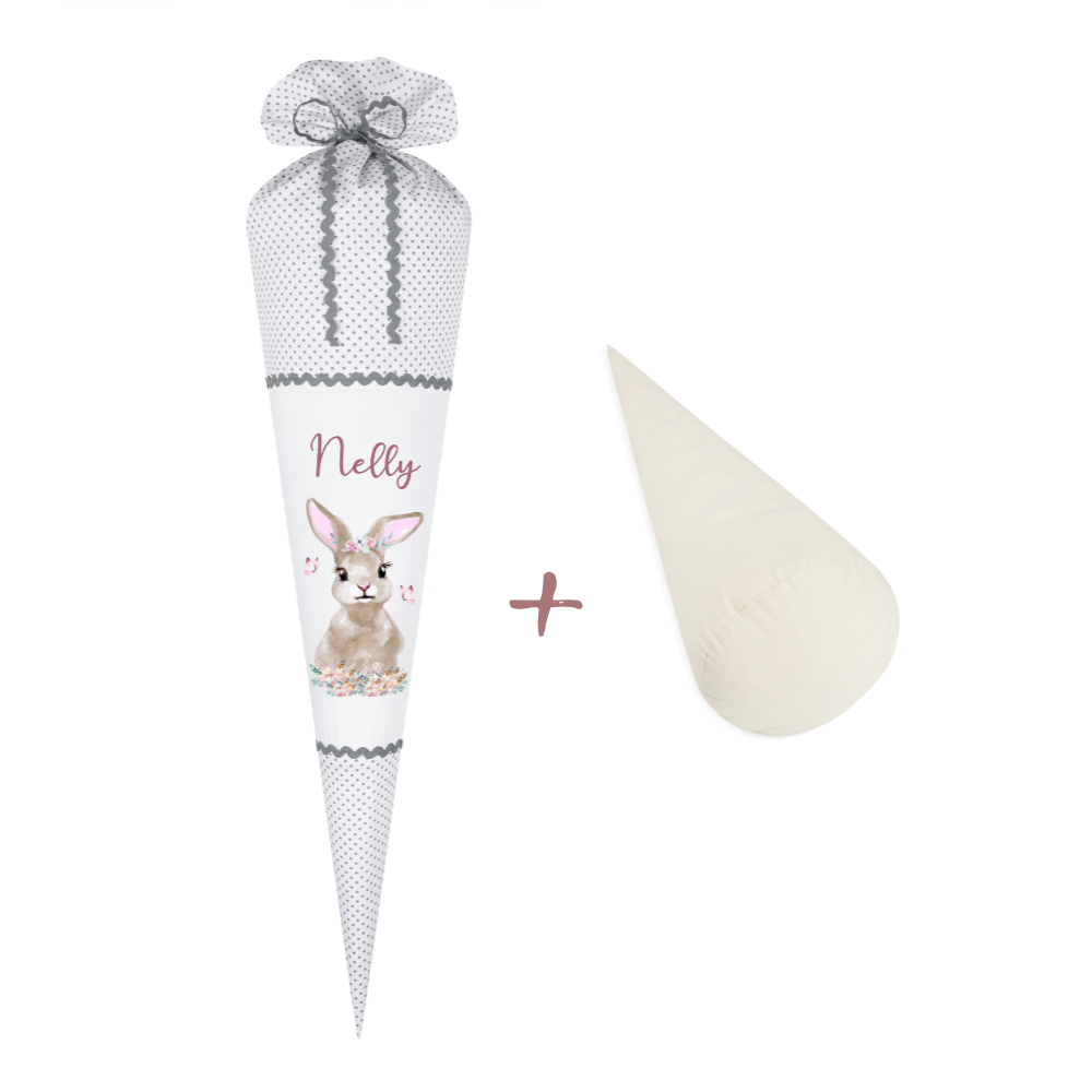 Schultüte "Hase" aus Stoff | Personalisiert mit Namen für Mädchen | Optional mit grauem, blauem, geblümten Stoff | mit Füllkissen & Spitzenschutz | Brotdosen & Trinkflaschen Set