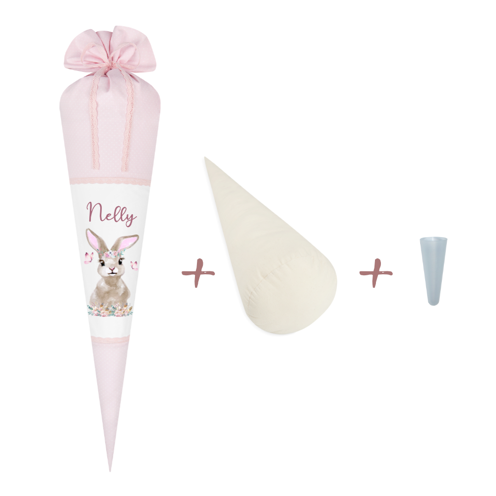 Schultüte "Hase" aus Stoff | Personalisiert mit Namen für Mädchen | Optional mit grauem, blauem, geblümten Stoff | mit Füllkissen & Spitzenschutz | Brotdosen & Trinkflaschen Set