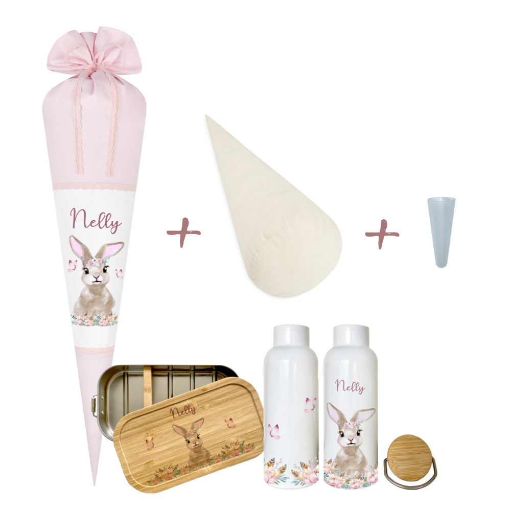 Schultüte "Hase" aus Stoff | Personalisiert mit Namen für Mädchen | Optional mit grauem, blauem, geblümten Stoff | mit Füllkissen & Spitzenschutz | Brotdosen & Trinkflaschen Set