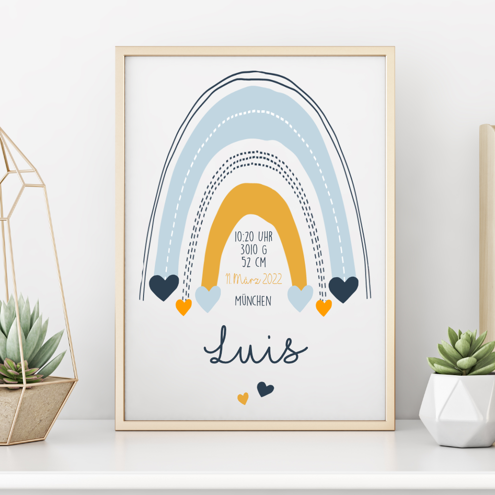 Poster "Regenbogen" mit Namen und Geburtsdaten | Besondere Wanddekoration für das Babyzimmer | Personalisiertes Geschenk zur Geburt u. Taufe | 4 Varianten zur Auswahl