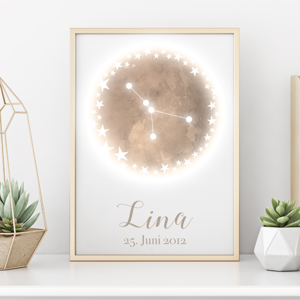 Originelles Geschenk zum Geburtstag | Personalisiertes Poster mit Sternzeichen, Namen und Geburtsdatum | Persönliches Geburtstagsgeschenk | 12 Sternzeichen zur Auswahl