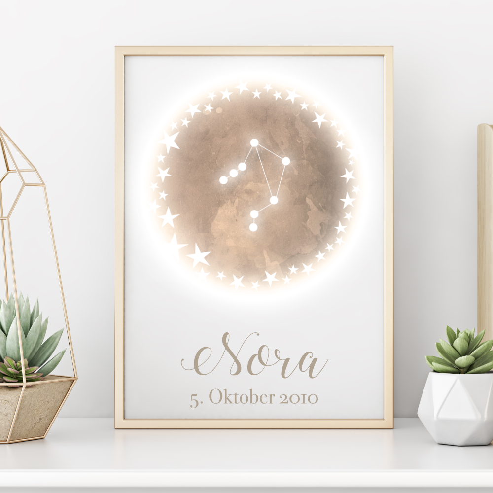 Originelles Geschenk zum Geburtstag | Personalisiertes Poster mit Sternzeichen, Namen und Geburtsdatum | Persönliches Geburtstagsgeschenk | 12 Sternzeichen zur Auswahl