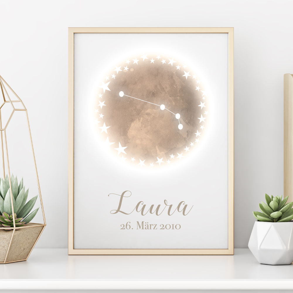 Originelles Geschenk zum Geburtstag | Personalisiertes Poster mit Sternzeichen, Namen und Geburtsdatum | Persönliches Geburtstagsgeschenk | 12 Sternzeichen zur Auswahl