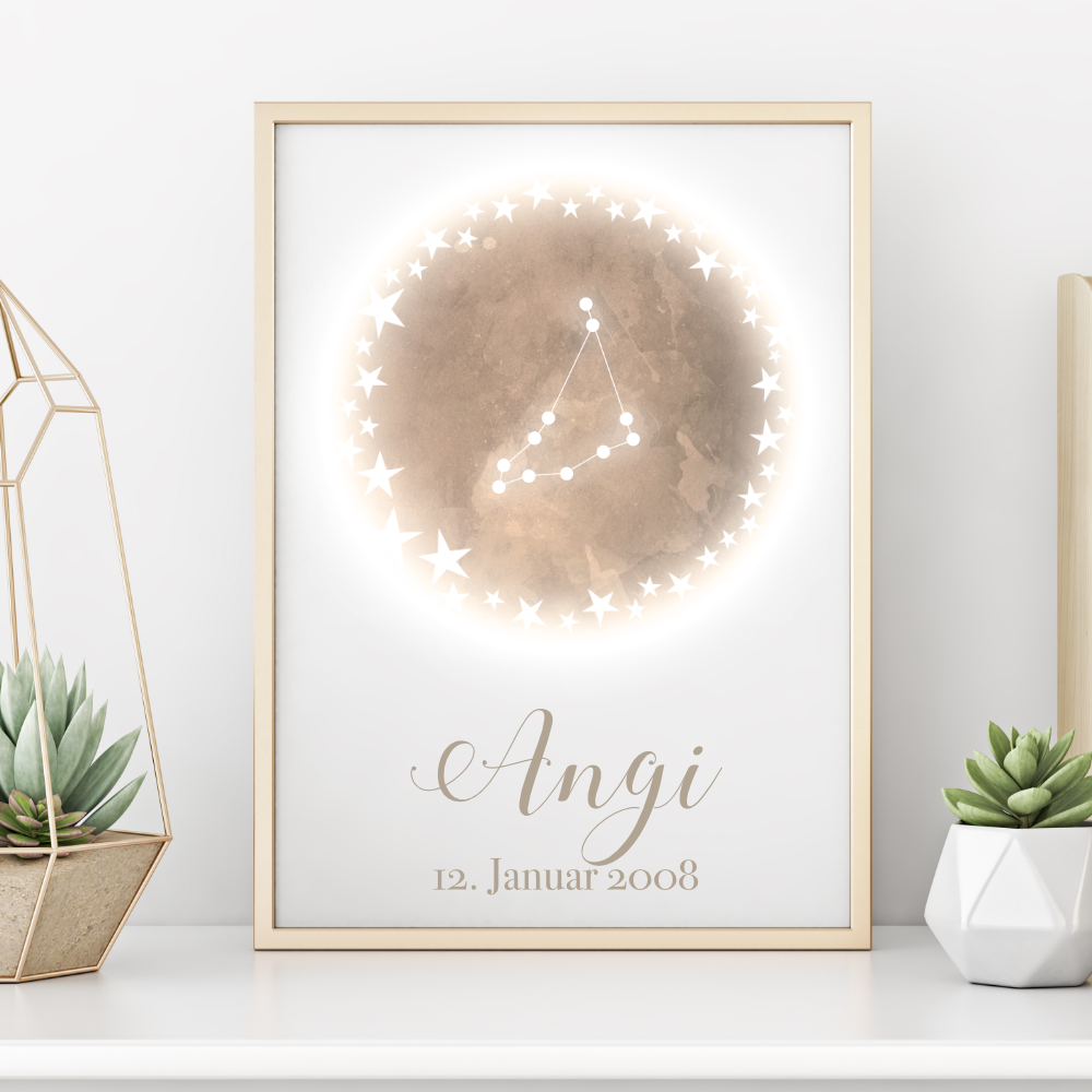 Originelles Geschenk zum Geburtstag | Personalisiertes Poster mit Sternzeichen, Namen und Geburtsdatum | Persönliches Geburtstagsgeschenk | 12 Sternzeichen zur Auswahl