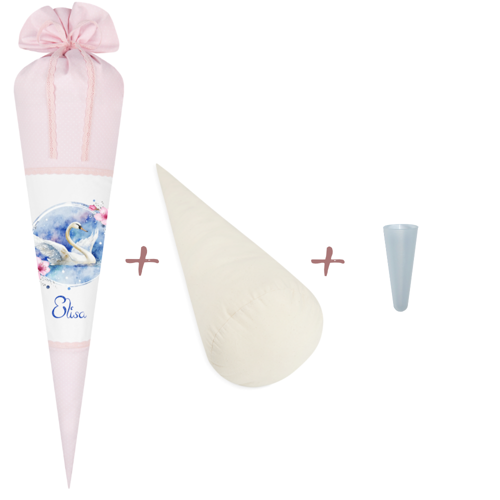 Schultüte Schwan mit Füllkissen und Spitzenschutz.