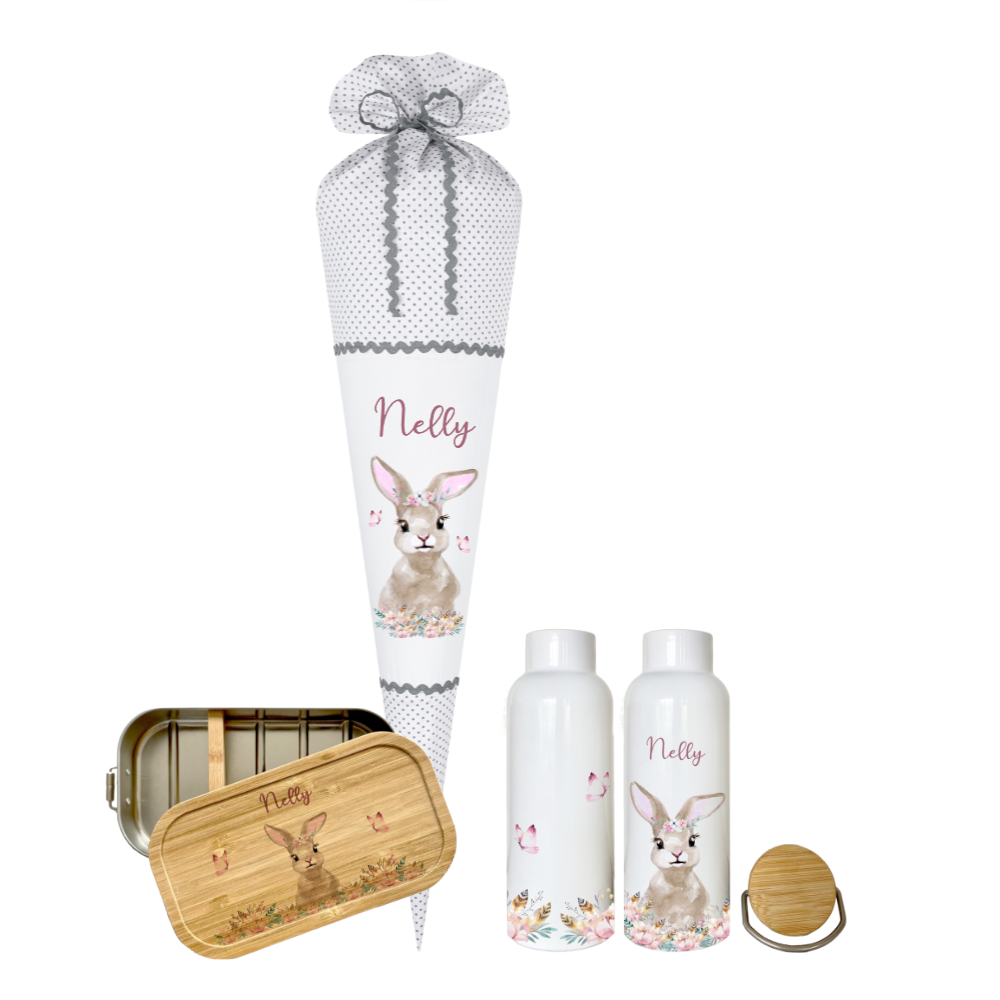 Schultüte "Hase" aus Stoff | Personalisiert mit Namen für Mädchen | Optional mit grauem, blauem, geblümten Stoff | mit Füllkissen & Spitzenschutz | Brotdosen & Trinkflaschen Set