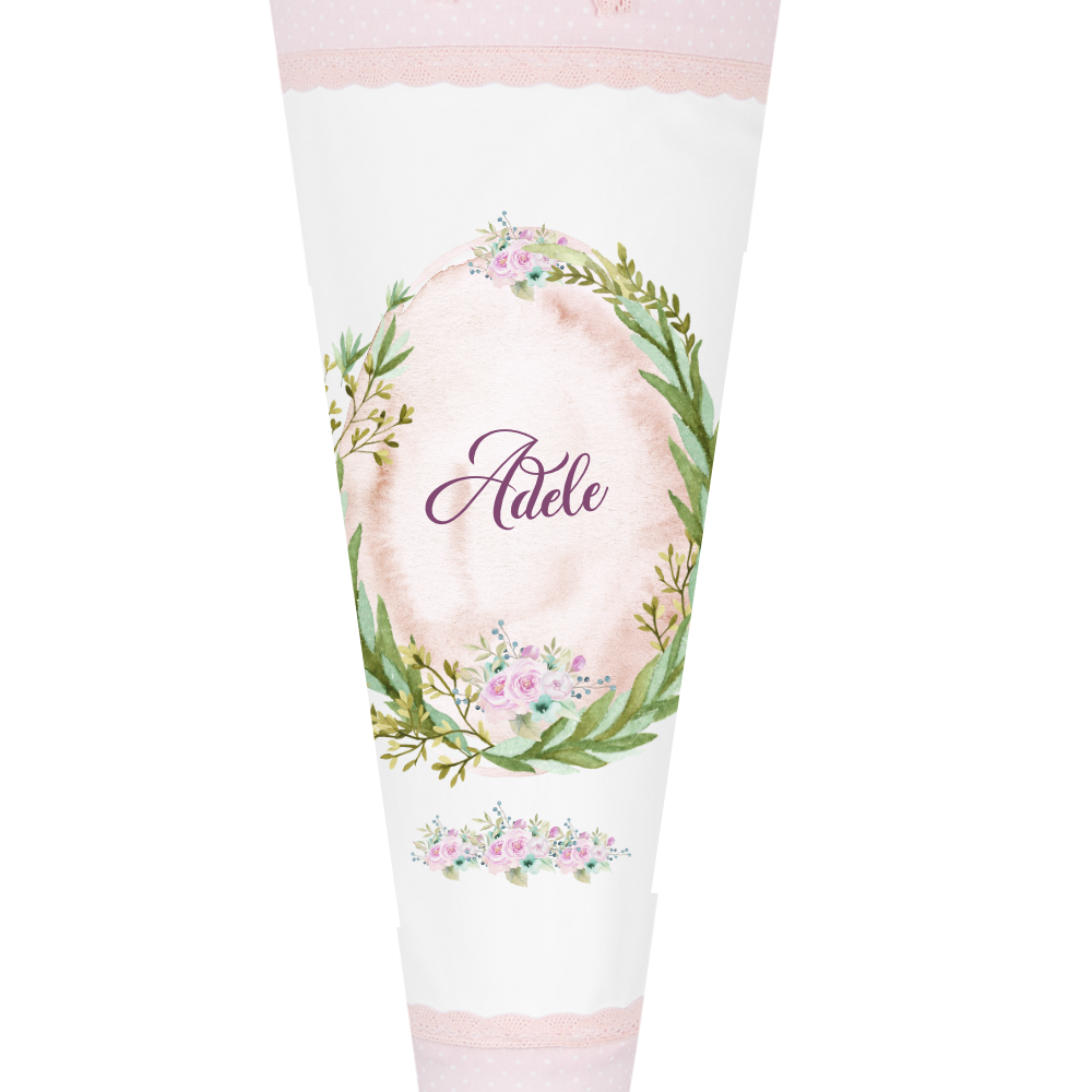 Rosa Schultüte mit floralen Motiv | Stoffschultüte für Mädchen mit Namen | Optional mit Füllkissen und Spitzenschutz