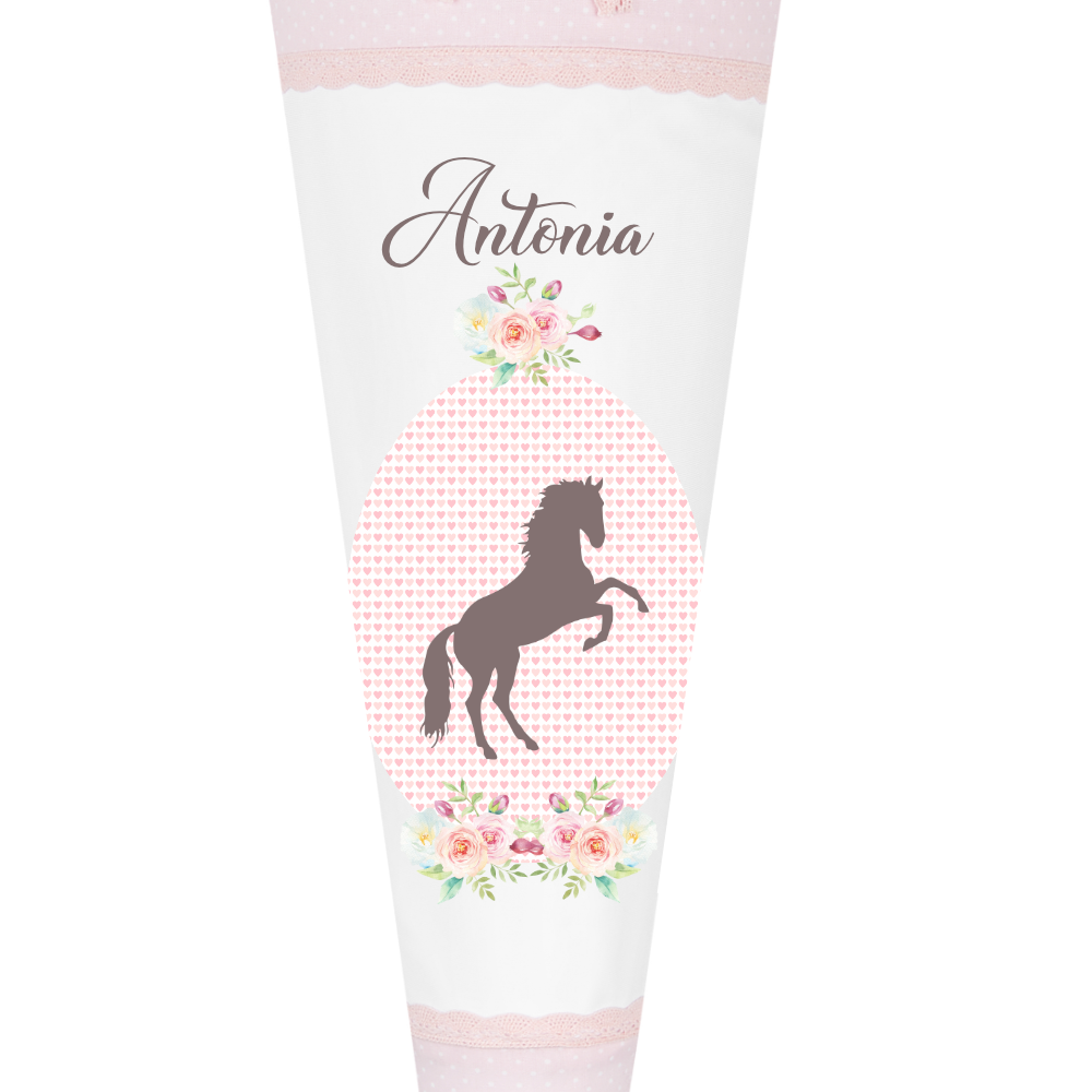 Schultüte mit Pony und Namen | Rosa Stoffschultüte für Mädchen | Optional mit Füllkissen und Spitzenschutz