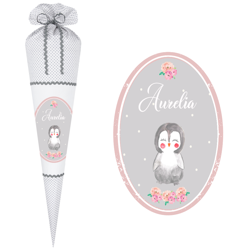Schultüte für Mädchen mit schönem Pinguin | Stoffschultüte mit Namen | Handgefertigte Stoffschultüte zum Schulbeginn | Optional mit Füllkissen und Spitzenschutz