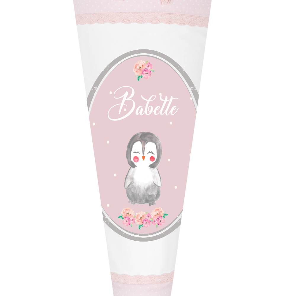 Niedliche Schultüte für Mädchen mit Pinguin und Namen in Rosa | Optional mit Füllkissen und Spitzenschutz