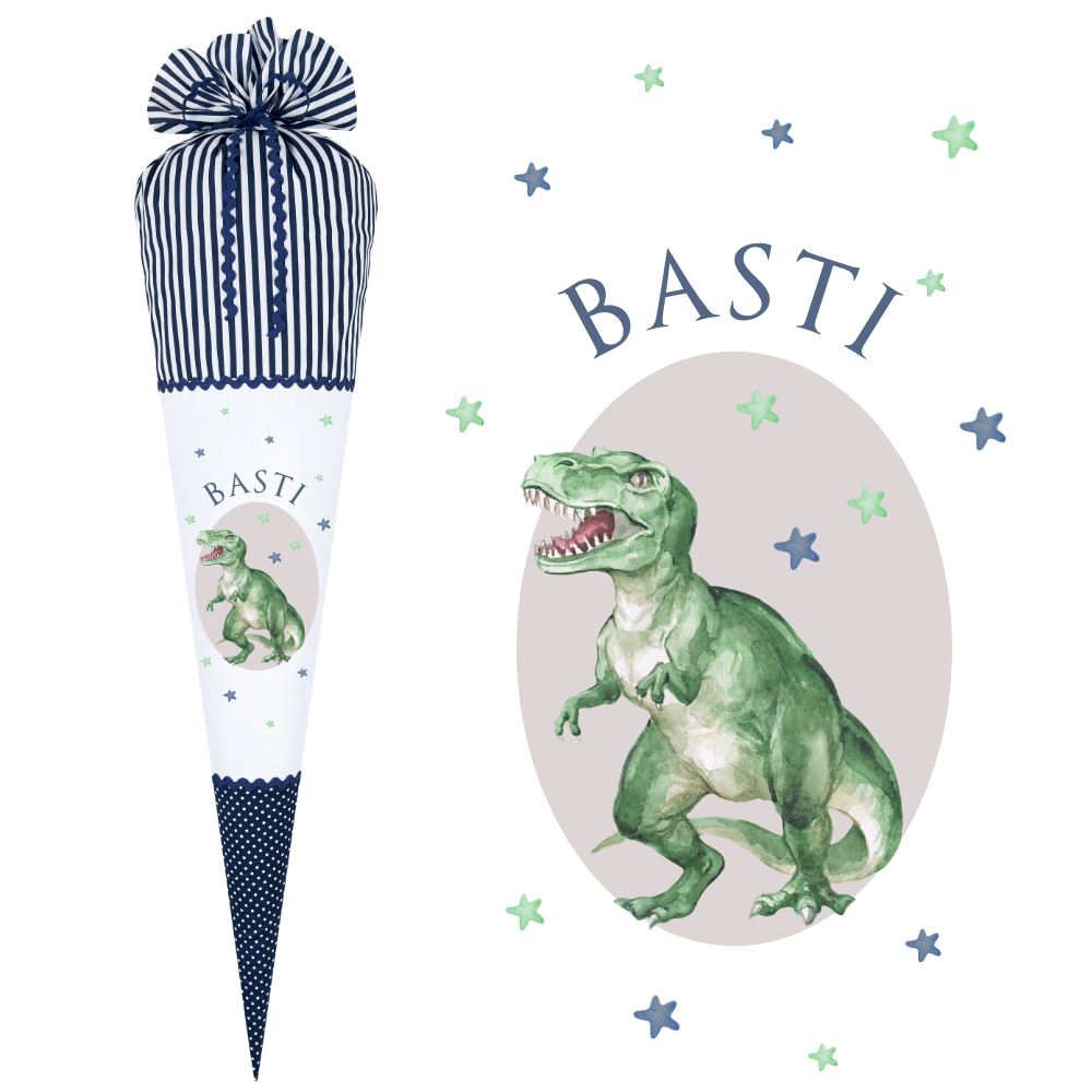 Schultüte "Dinosaurier" aus blauem Stoff | Personalisiert mit dem Namen für Jungen | Optional mit Füllkissen und Spitzenschutz