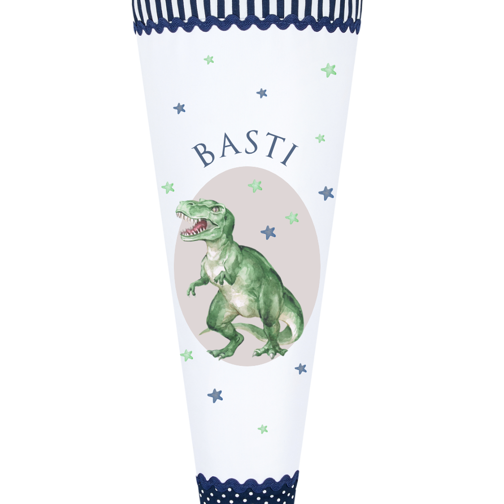 Schultüte "Dinosaurier" aus blauem Stoff | Personalisiert mit dem Namen für Jungen | Optional mit Füllkissen und Spitzenschutz