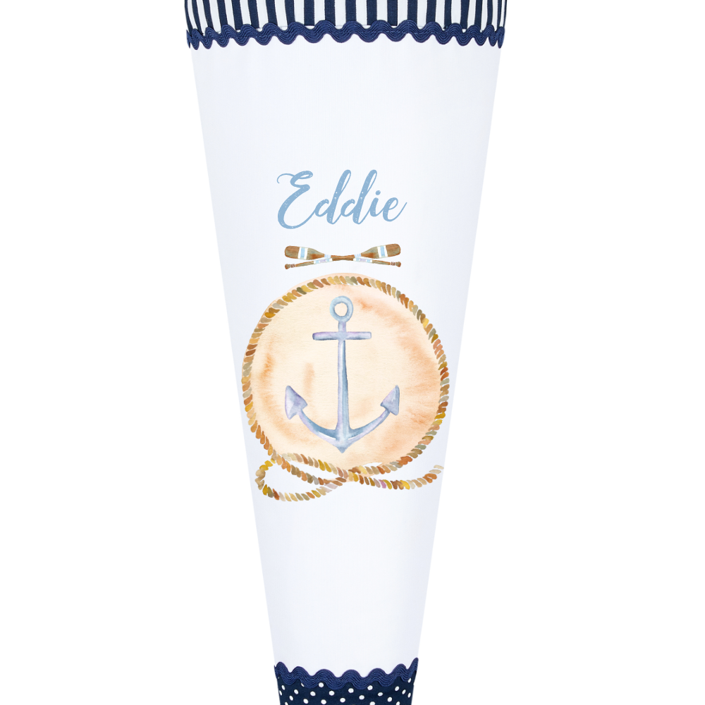Maritime Schultüte für Jungen | Personalisiert mit dem Namen | Stoffschultüte in Blau mit Anker | Optional mit Füllkissen und Spitzenschutz