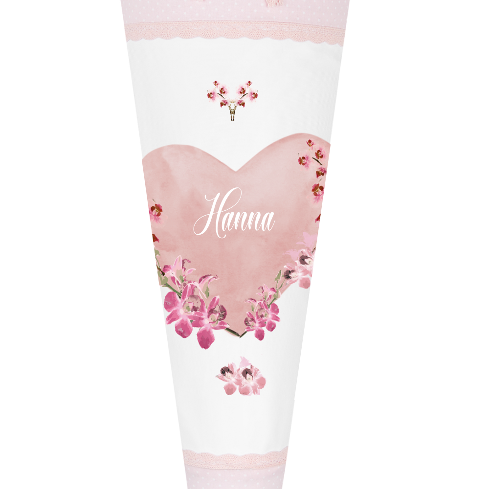 Schultüte aus rosa Stoff für Mädchen | Personalisierte Stoffschultüte mit einem Herz | Optional mit Füllkissen und Spitzenschutz