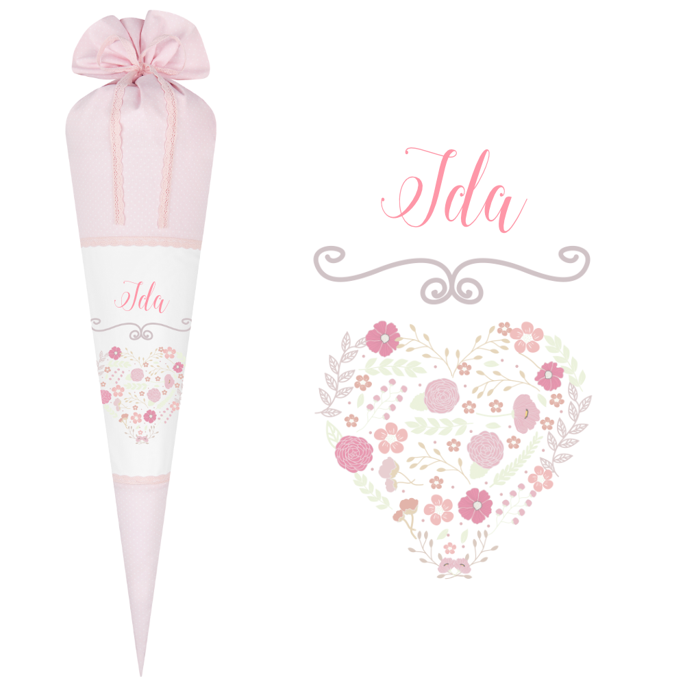Schultüte mit einem Herz und dem Namen des Kindes | Besondere Stoffschultüte für Mädchen aus rosa Stoff | Optional mit Füllkissen und Spitzenschutz