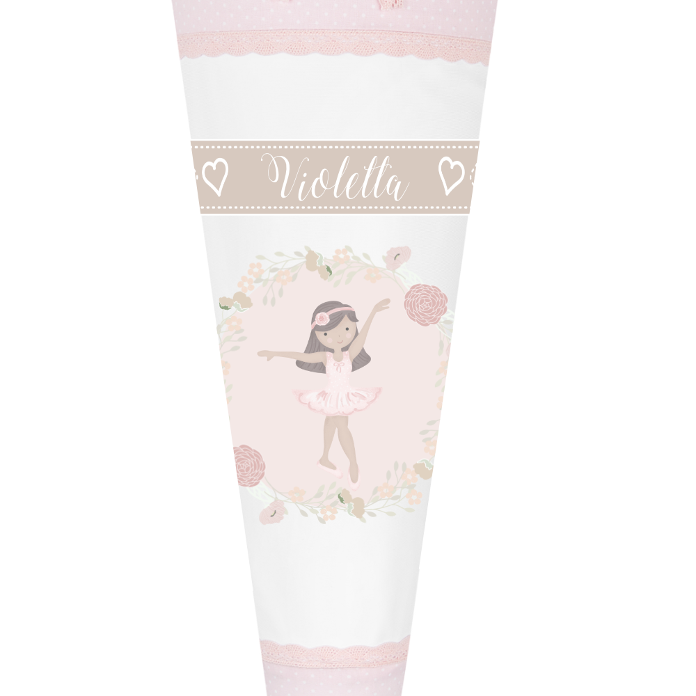 Schöne Schultüte für Mädchen mit Ballerina und Namen des Kindes | Besondere Stoffschultüte liebevoll personalisiert | Optional mit Füllkissen und Spitzenschutz
