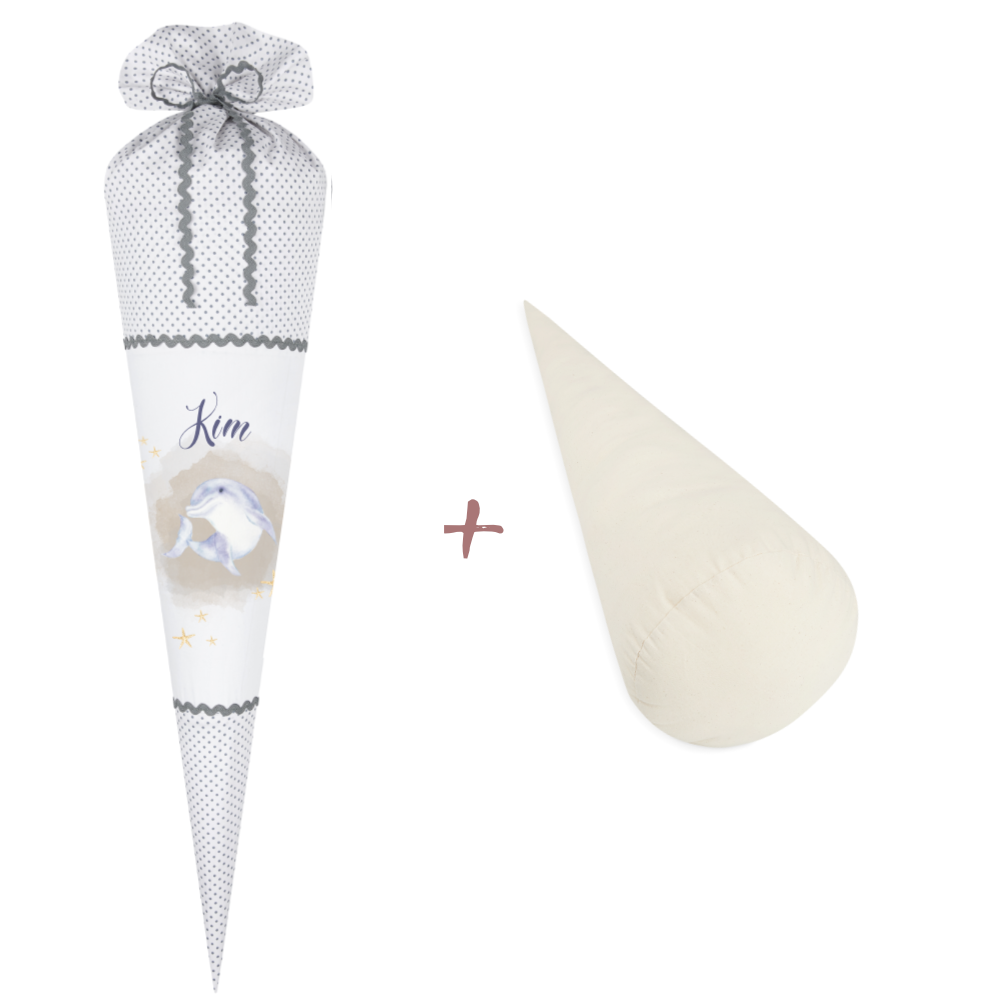 Schultüte mit Delfin und Namen | Stoffschultüte für das Schulkind | Optional mit Füllkissen und Spitzenschutz