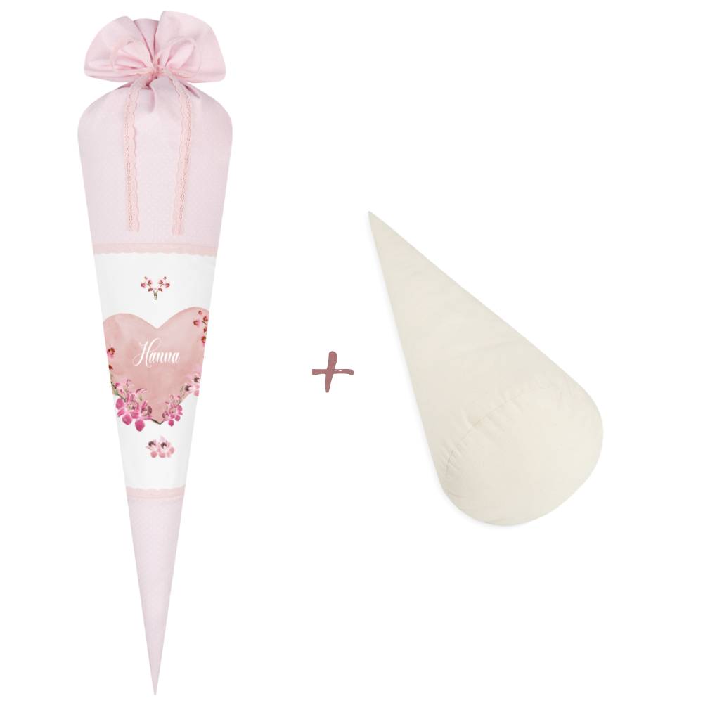 Schultüte aus rosa Stoff für Mädchen | Personalisierte Stoffschultüte mit einem Herz | Optional mit Füllkissen und Spitzenschutz