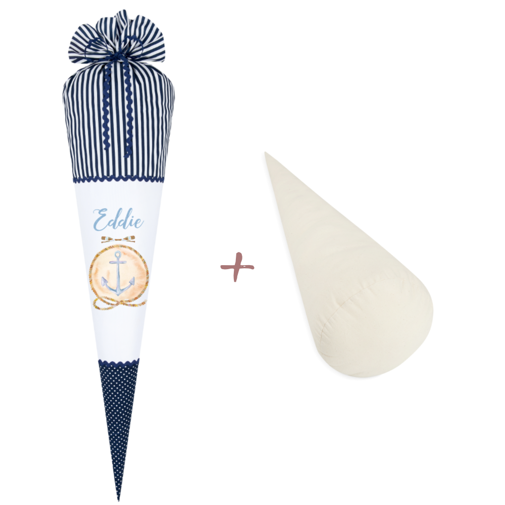 Maritime Schultüte für Jungen | Personalisiert mit dem Namen | Stoffschultüte in Blau mit Anker | Optional mit Füllkissen und Spitzenschutz