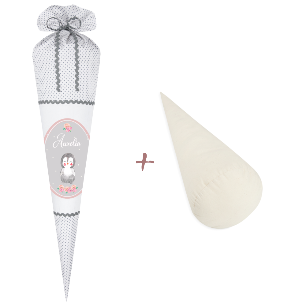Schultüte für Mädchen mit schönem Pinguin | Stoffschultüte mit Namen | Handgefertigte Stoffschultüte zum Schulbeginn | Optional mit Füllkissen und Spitzenschutz