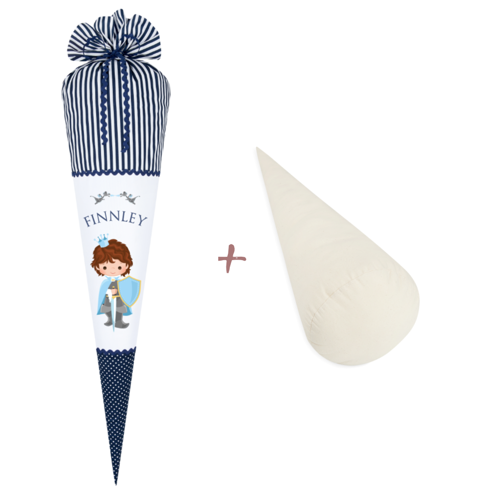 Schultüte "Ritter" in Blau für Jungen mit Namen | Schöne Stoffschultüte zur Einschulung | Optional mit Füllkissen und Spitzenschutz