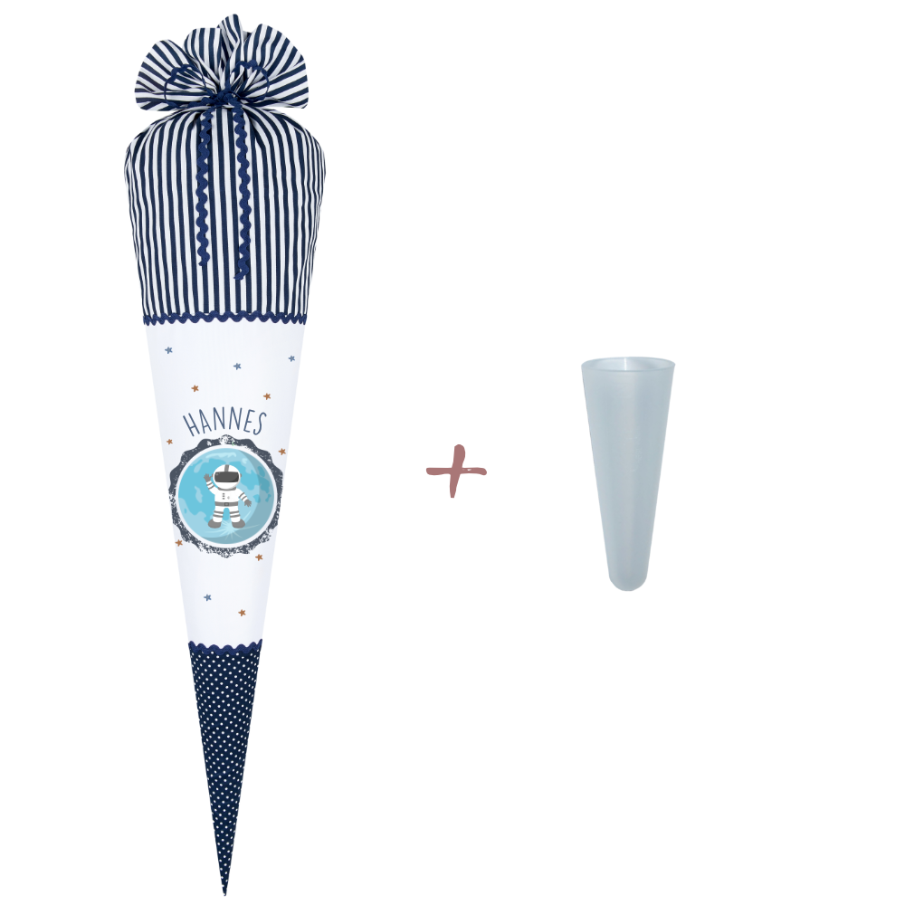 Schultüte "Astronaut" | Blaue Stoffschultüte für Jungen | Einschulungstüte mit Namen aus Stoff | Optional mit Füllkissen und Spitzenschutz