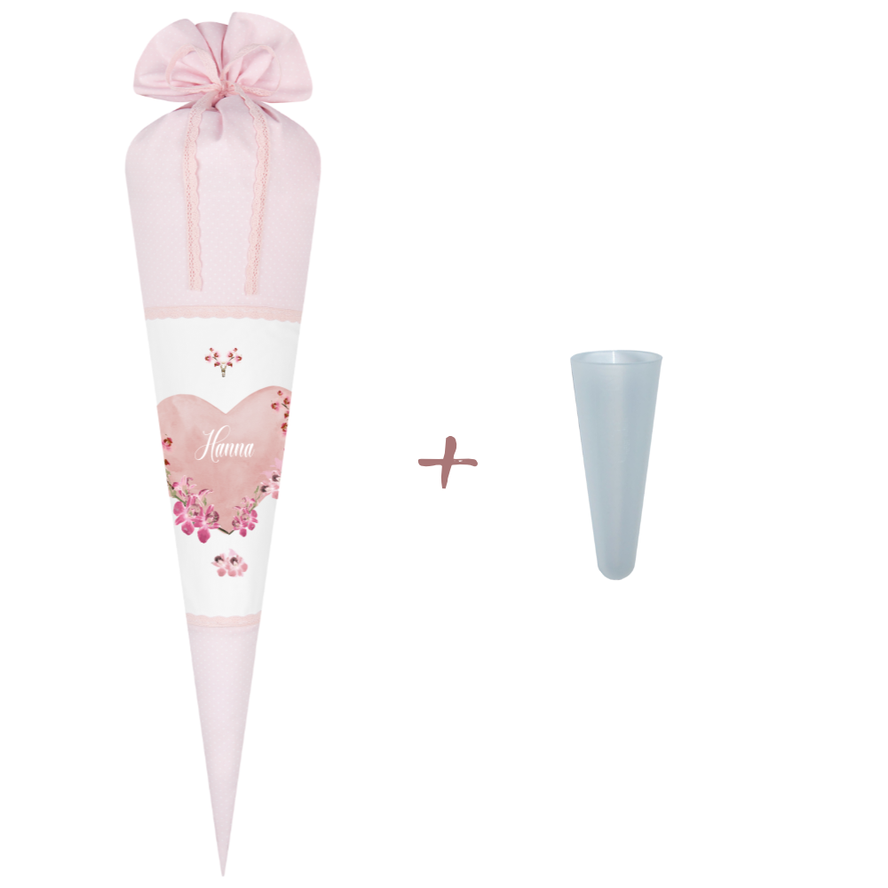 Schultüte aus rosa Stoff für Mädchen | Personalisierte Stoffschultüte mit einem Herz | Optional mit Füllkissen und Spitzenschutz