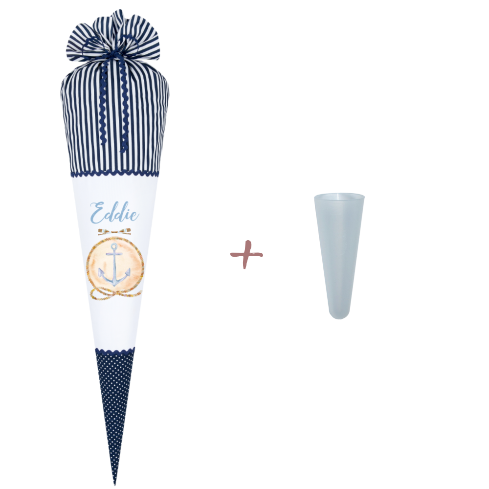 Maritime Schultüte für Jungen | Personalisiert mit dem Namen | Stoffschultüte in Blau mit Anker | Optional mit Füllkissen und Spitzenschutz