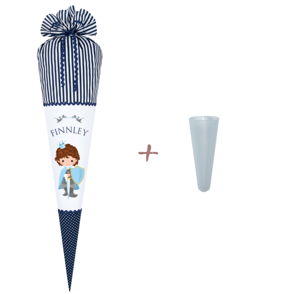 Schultüte "Ritter" in Blau für Jungen mit Namen | Schöne Stoffschultüte zur Einschulung | Optional mit Füllkissen und Spitzenschutz