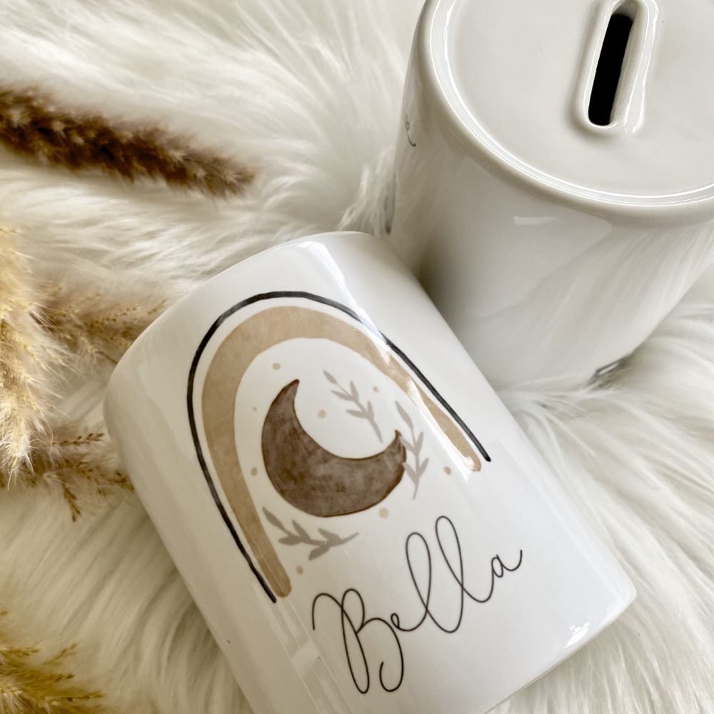 Personalisierte Spardose mit Boho Regenbogen | Geschenk mit Namen für Mädchen und Jungen