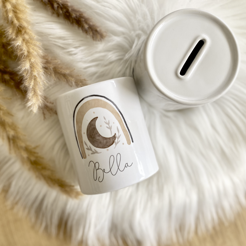 Personalisierte Spardose mit Boho Regenbogen | Geschenk mit Namen für Mädchen und Jungen