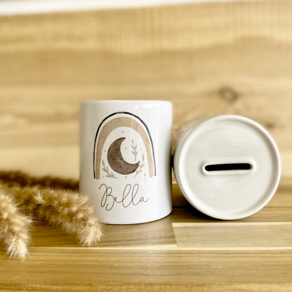 Personalisierte Spardose mit Boho Regenbogen | Geschenk mit Namen für Mädchen und Jungen
